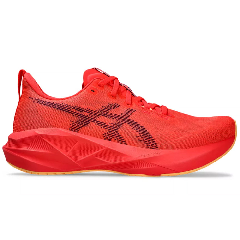Side view on white background of Mens Asics Novablast running shoe in Flash Red/Edo Purple, Medium (Regular) width