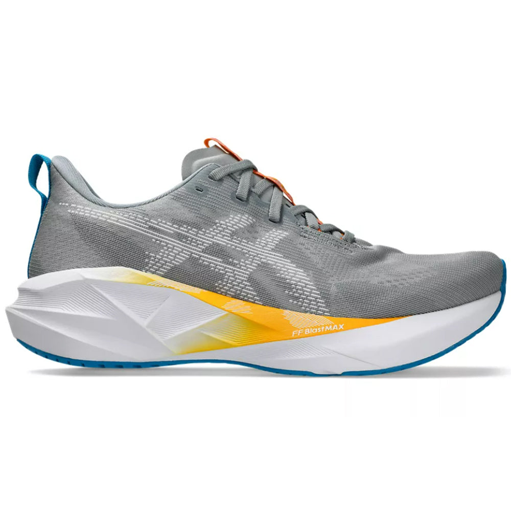 Side view on white background of Mens Asics Novablast running shoe in Gravel/White, Medium (Regular) width