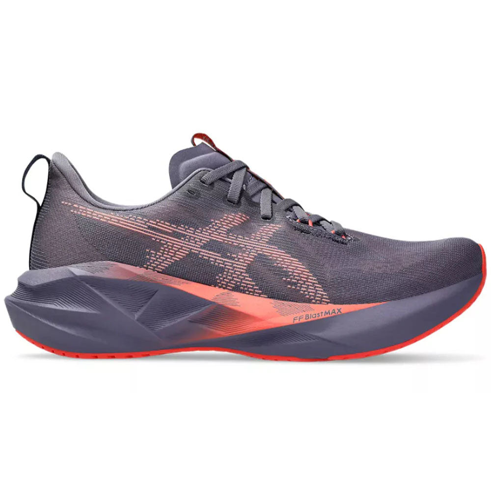 Side view on white background of Mens Asics Novablast running shoe in Greyish Purple/Coral Reef, Medium (Regular) width