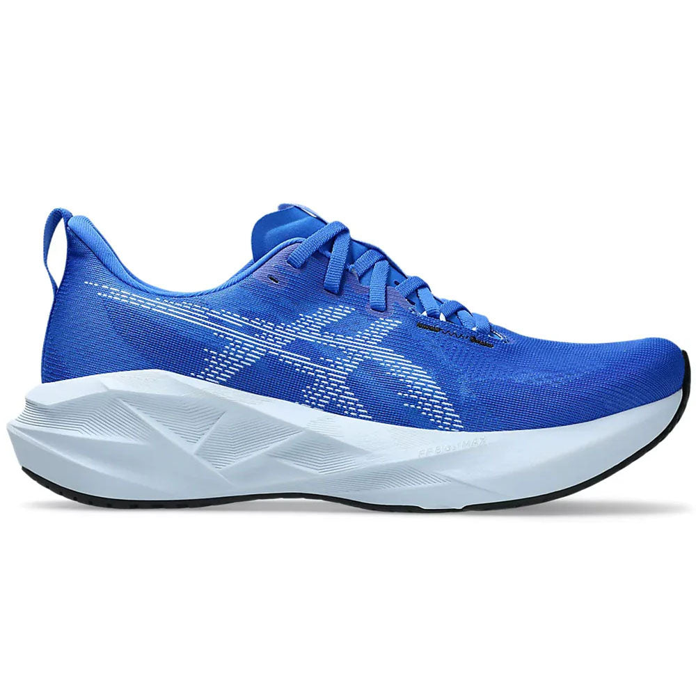 Side view on white background of Mens Asics Novablast running shoe in Illusion Blue/Light Blue, Medium (Regular) width