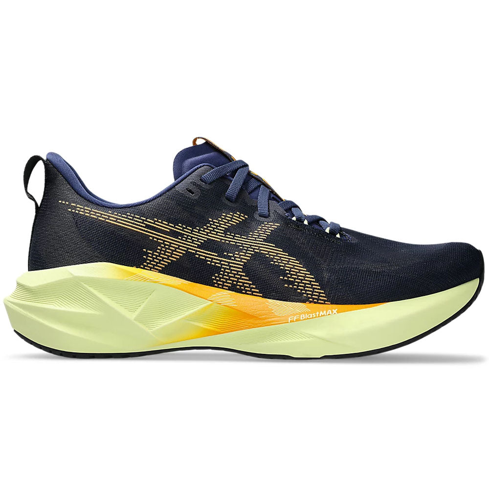 Side view on white background of Mens Asics Novablast running shoe in Indigo Blue/Amber, Medium (Regular) width