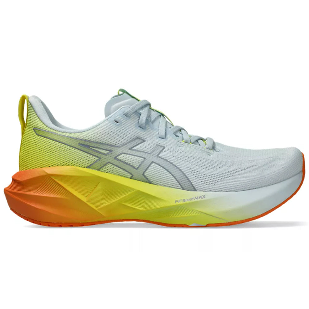 Side view on white background of Mens Asics Novablast running shoe in Sky/Lemon Spark, Medium (Regular) width