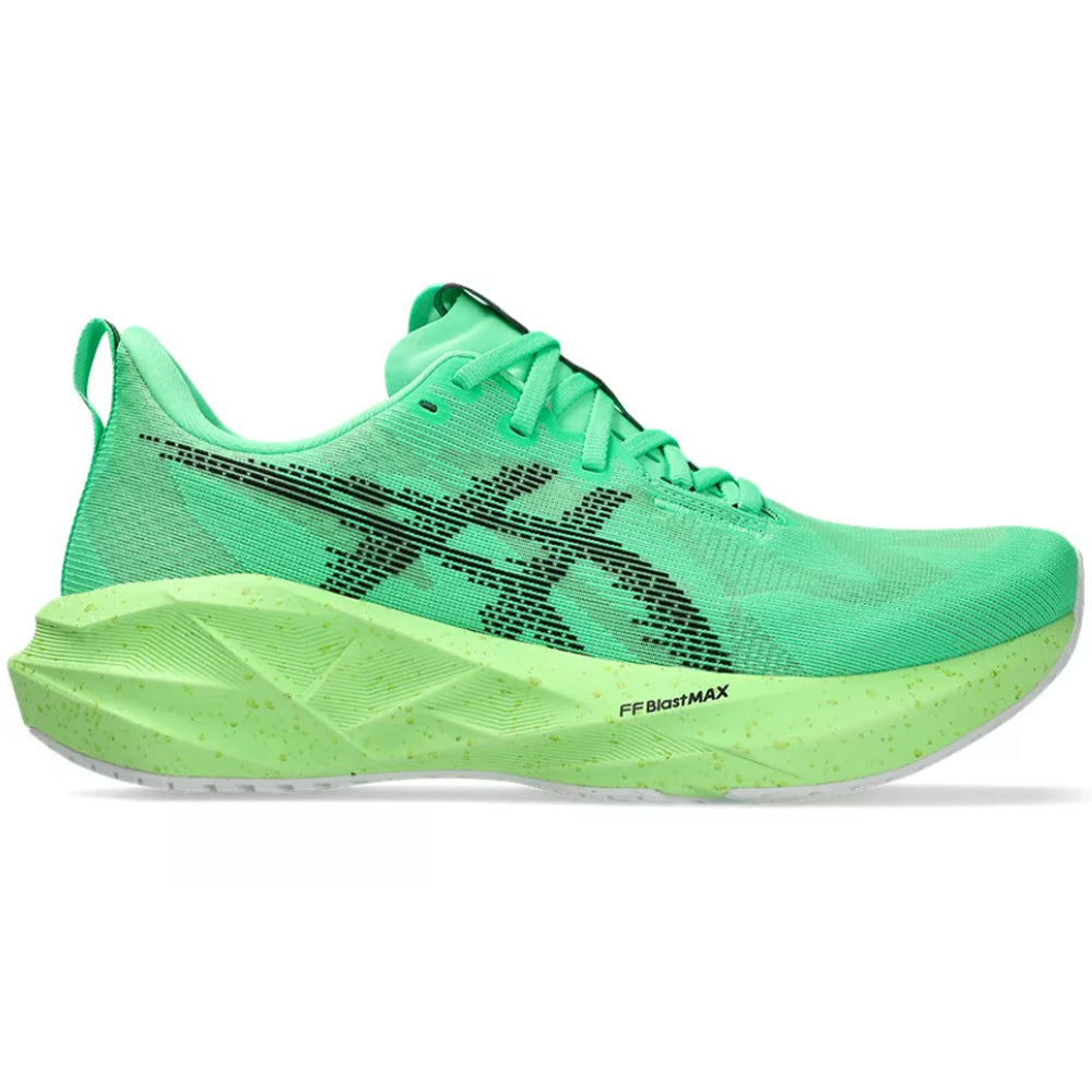 Side view on white background of Mens Asics Novablast running shoe in Vital Green/Black, Medium (Regular) width