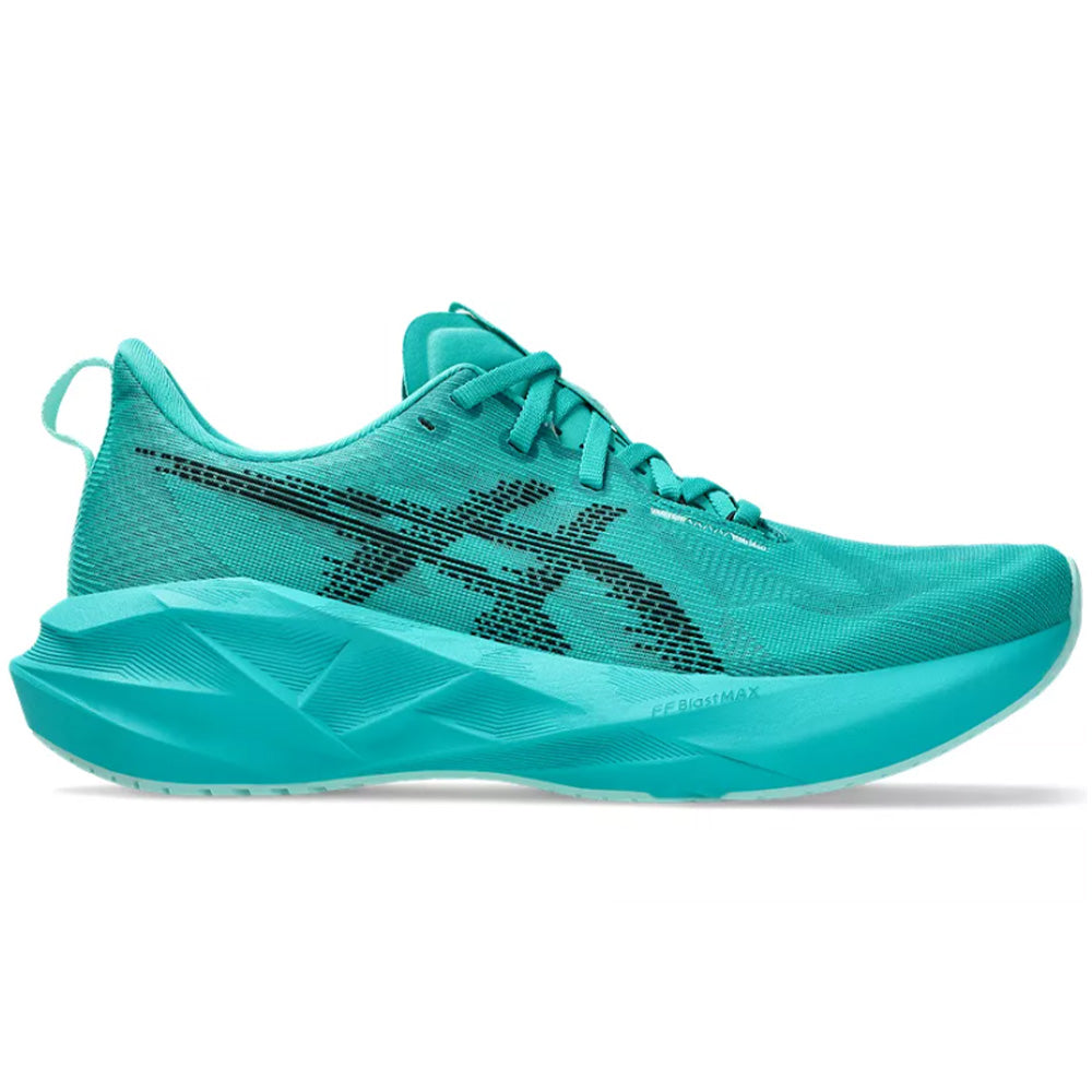 Side view on white background of Mens Asics Novablast running shoe in Wave Teal/Black, Medium (Regular) width