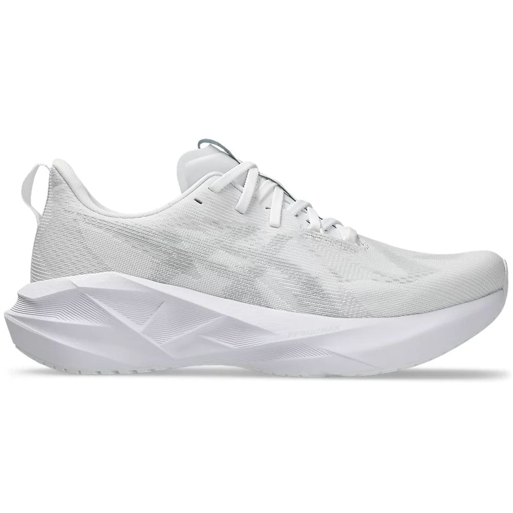Side view on white background of Mens Asics Novablast running shoe in White/Piedmont Grey, Medium (Regular) width