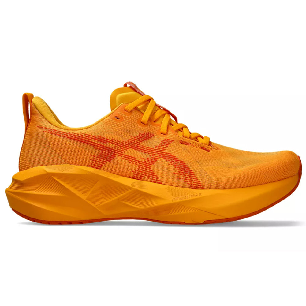 Side view on white background of Mens Asics Novablast running shoe in Yamabuki/Anzu, Medium (Regular) width