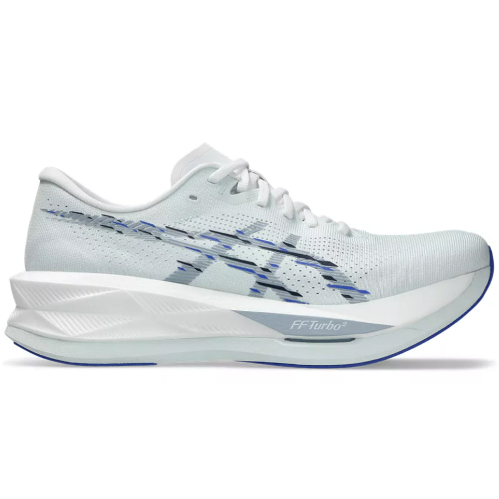 Side view on white background of Mens Asics Sonicblast running shoe in Arctic Blue/Grey Blue, Medium (Regular) width