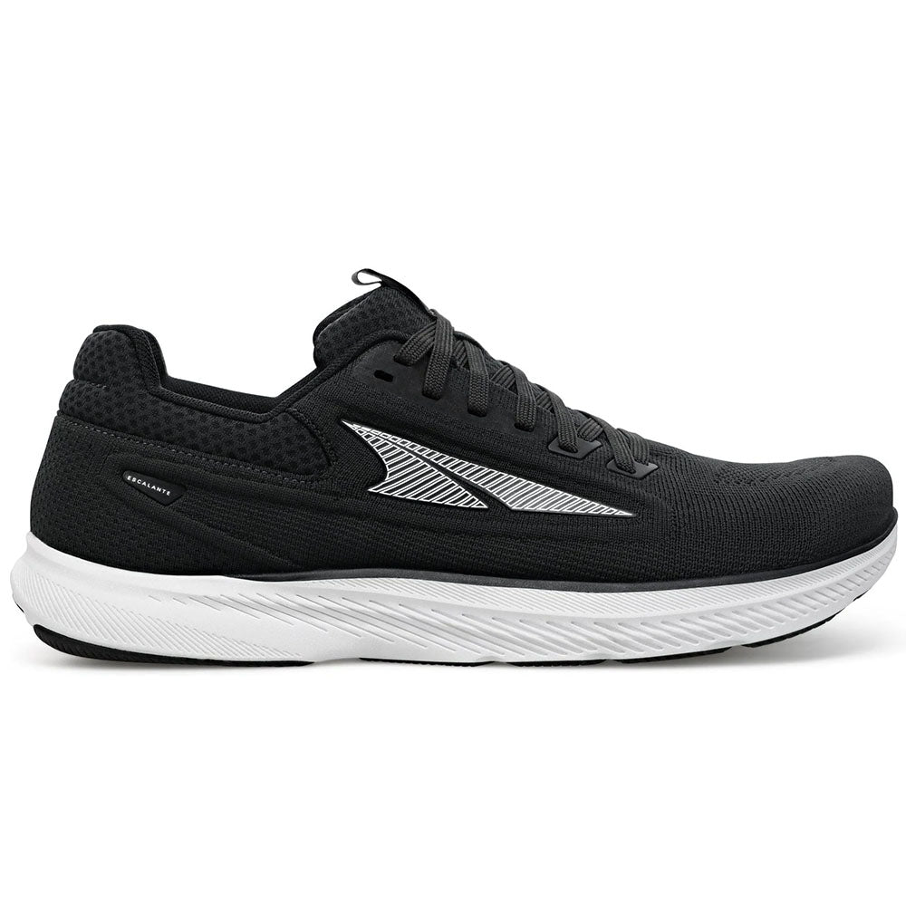 Side view on white background of Mens Altra Escalante running shoe in Black, Medium (Regular) width