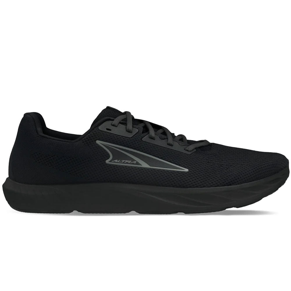 Side view on white background of Mens Altra Escalante running shoe in Black/Black, Medium (Regular) width