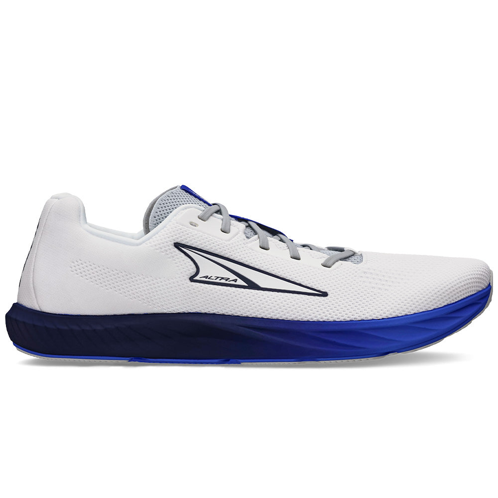 Side view on white background of Mens Altra Escalante running shoe in White/Blue, Medium (Regular) width