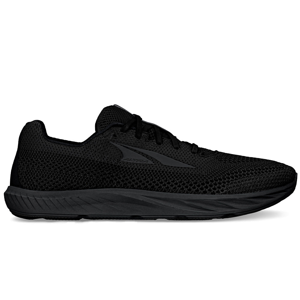 Side view on white background of Mens Altra Escalante Racer running shoe in Black/Black, Medium (Regular) width
