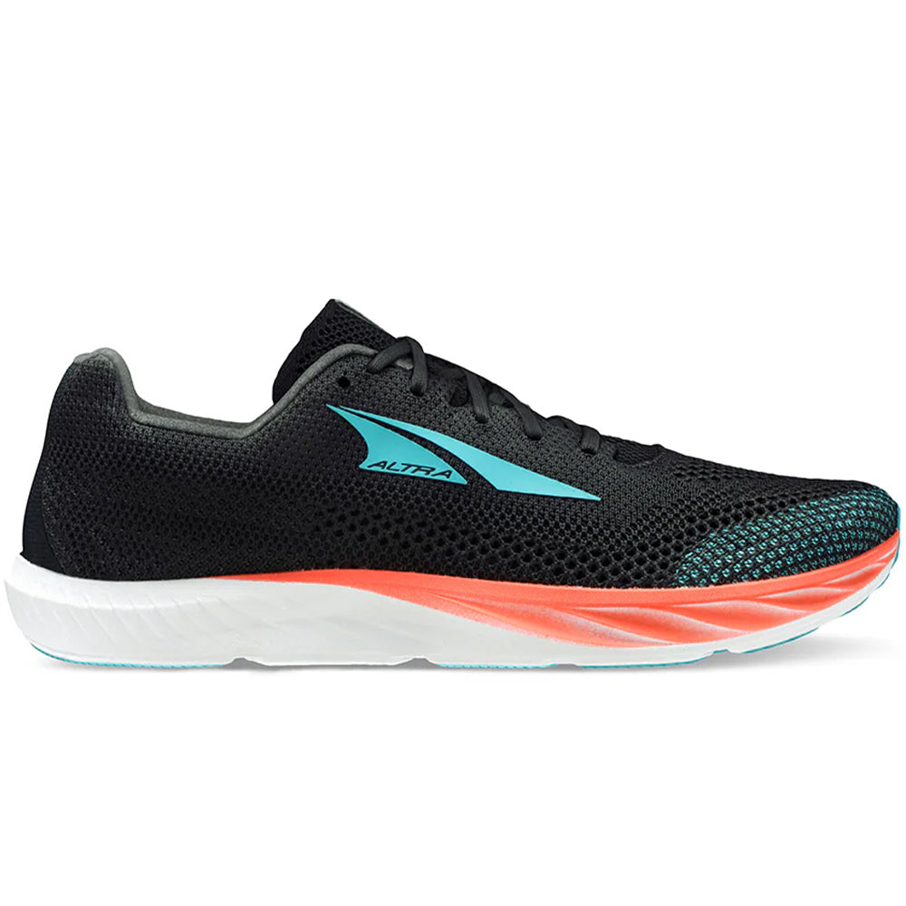 Side view on white background of Mens Altra Escalante Racer running shoe in Black, Medium (Regular) width