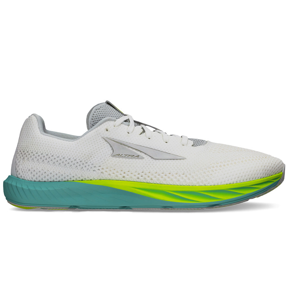 Side view on white background of Mens Altra Escalante Racer running shoe in White/Lime, Medium (Regular) width