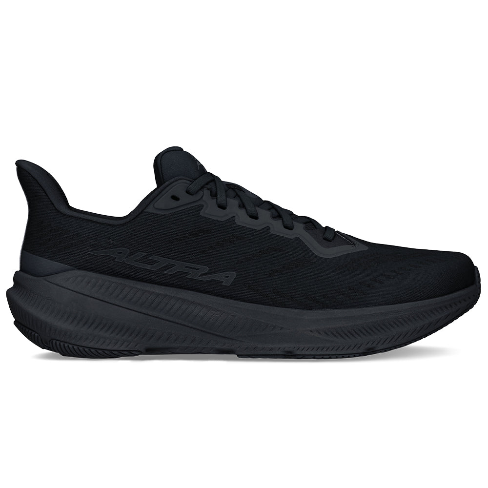 Side view on white background of Mens Altra Experience running shoe in Black/Black, Medium (Regular) width