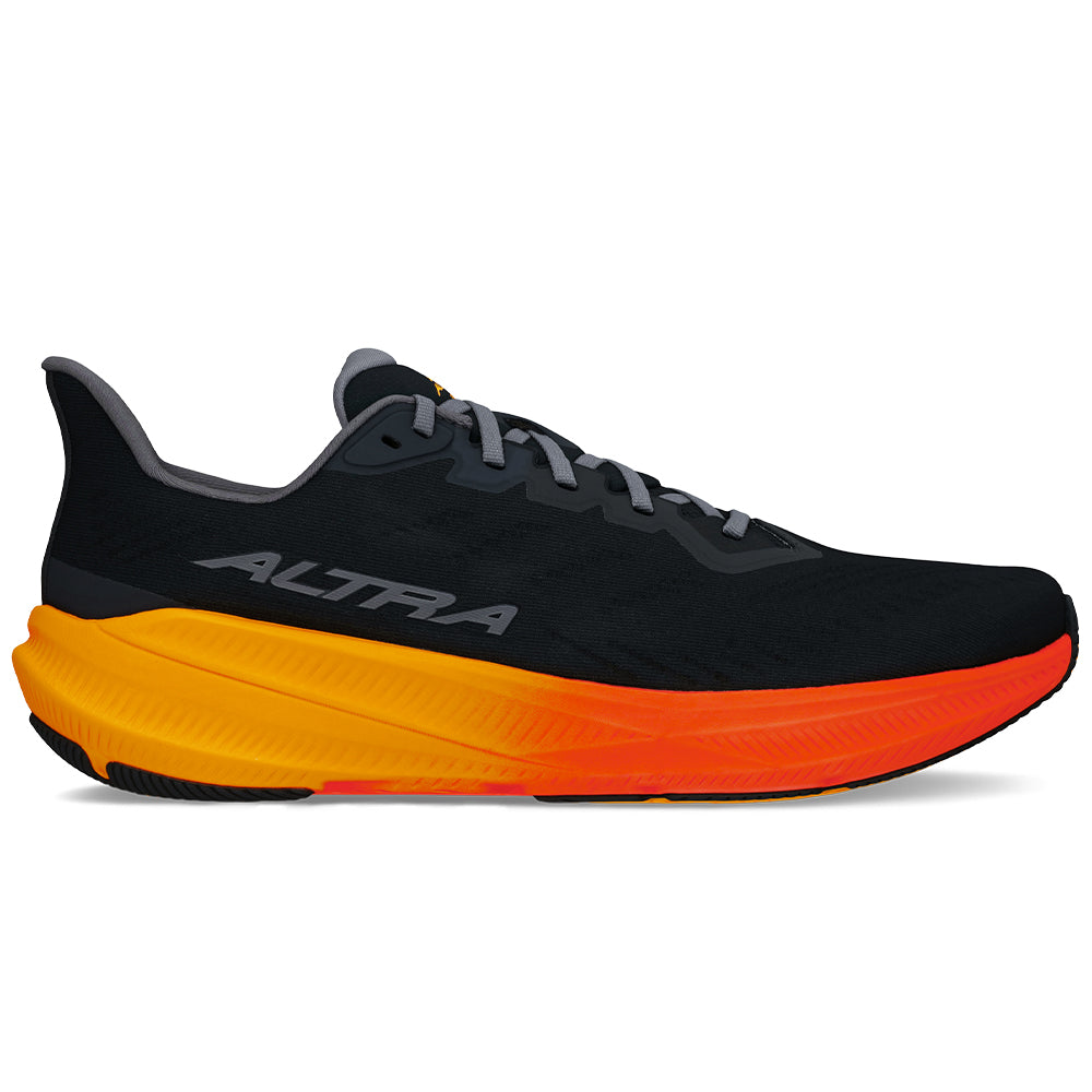 Side view on white background of Mens Altra Experience running shoe in Black/Orange, Medium (Regular) width