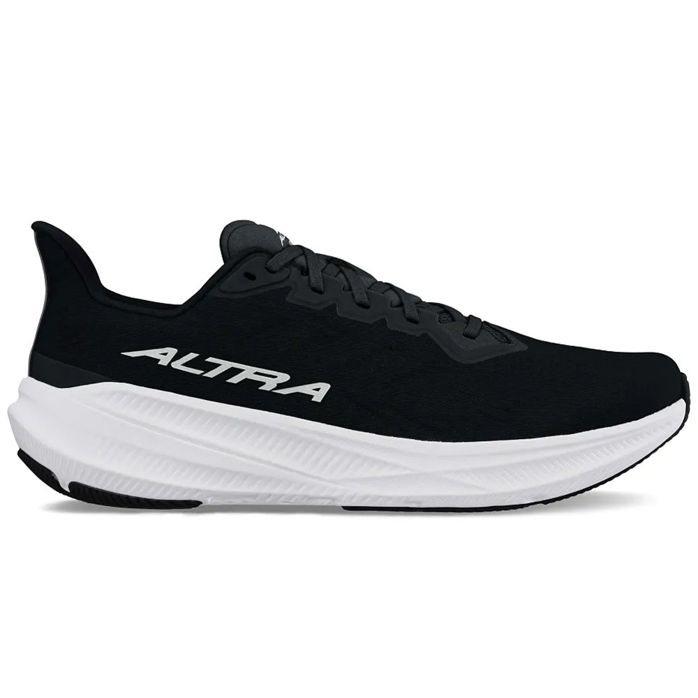 Side view on white background of Mens Altra Experience running shoe in Black/White, Medium (Regular) width