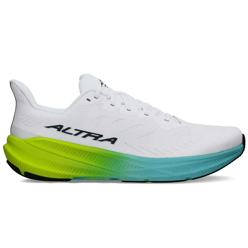 Side view on white background of Mens Altra Experience running shoe in White/Lime, Medium (Regular) width