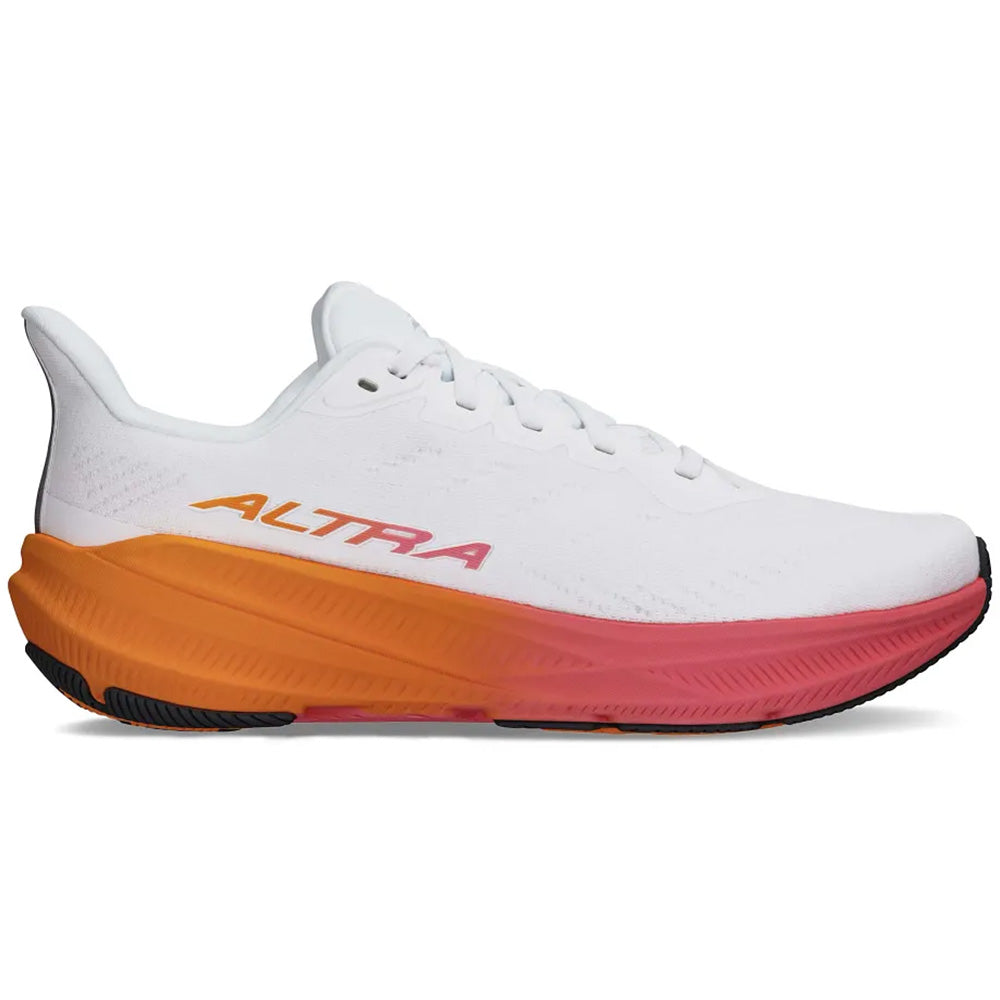 Side view on white background of Womens Altra Experience running shoe in White/Orange, Medium (Regular) width