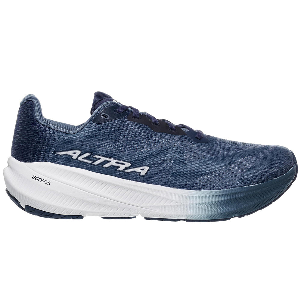 Side view on white background of Mens Altra Experience running shoe in Navy/Light Blue, Medium (Regular) width