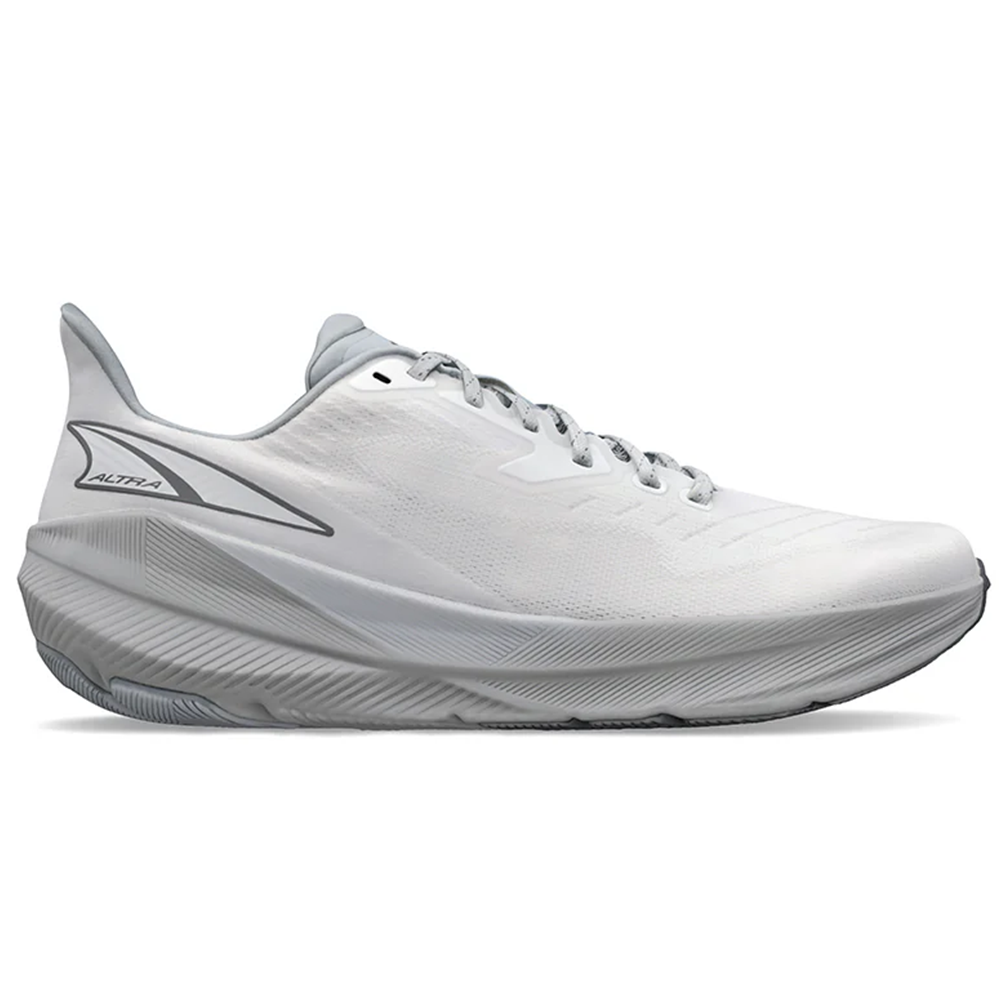 Side view on white background of Mens Altra Experience running shoe in White/Gray, Medium (Regular) width