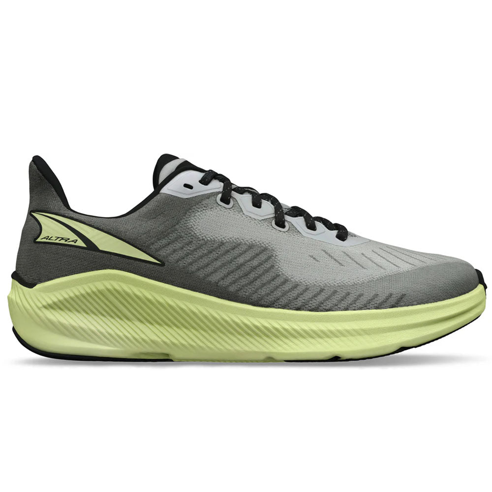 Side view on white background of Mens Altra Experience running shoe in Gray/Green, Medium (Regular) width