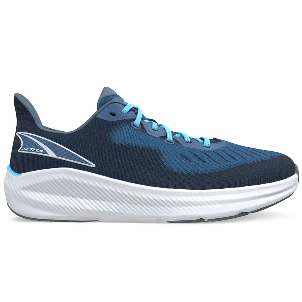 Side view on white background of Mens Altra Experience running shoe in Navy/Light Blue, Medium (Regular) width