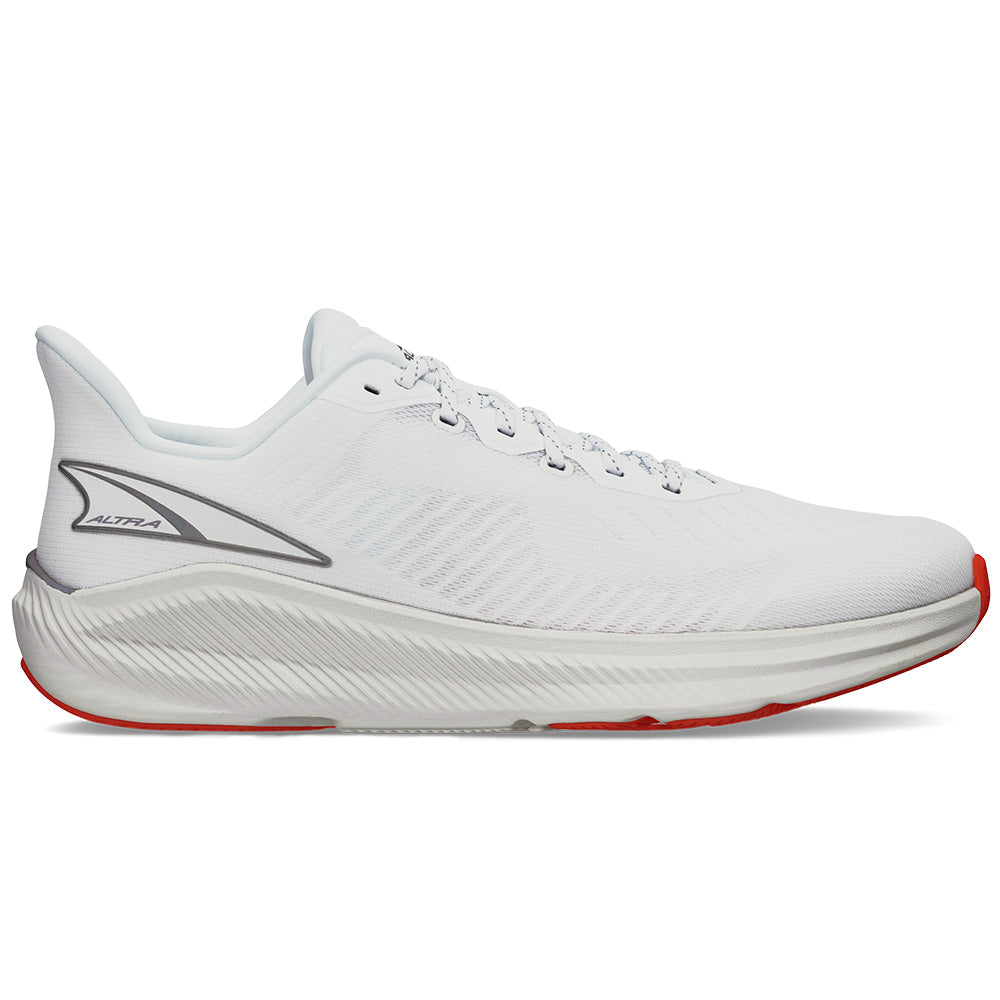 Side view on white background of Mens Altra Experience running shoe in White/Coral, Medium (Regular) width