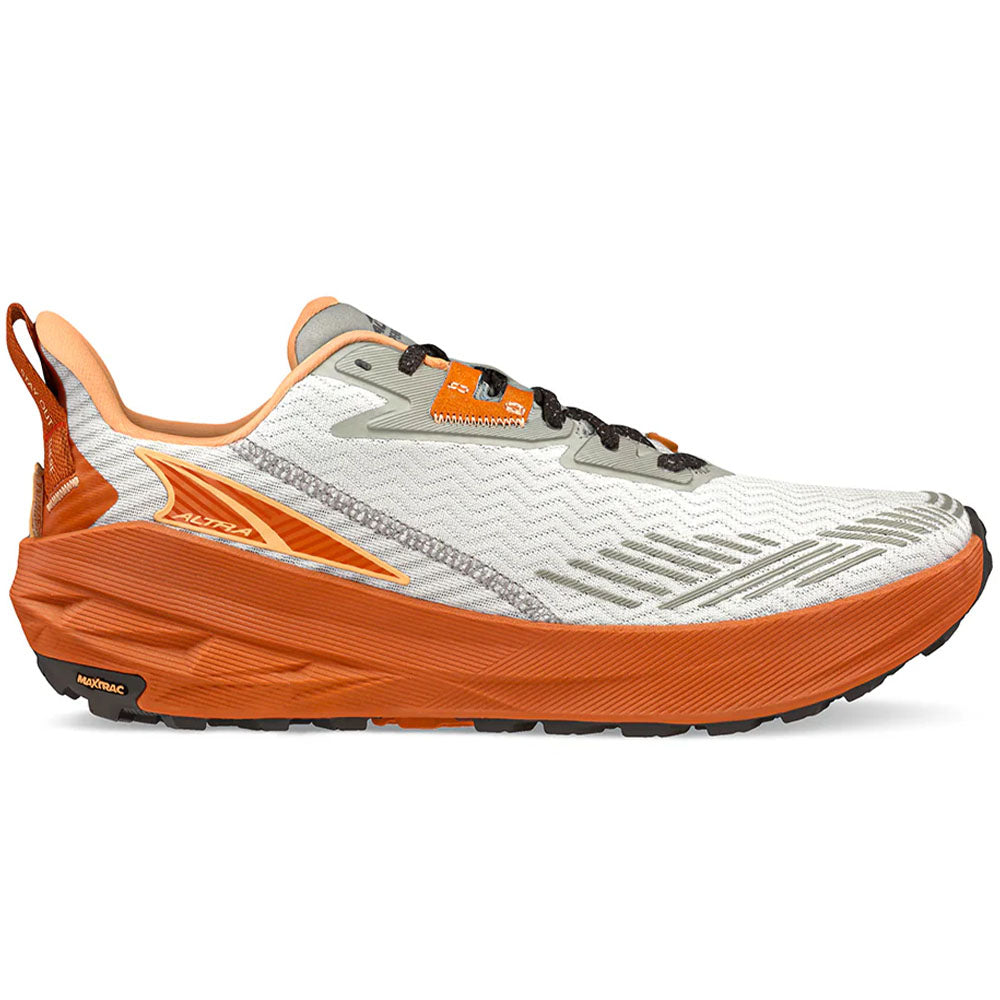 Side view on white background of Mens Altra Experience running shoe in Gray/Orange, Medium (Regular) width