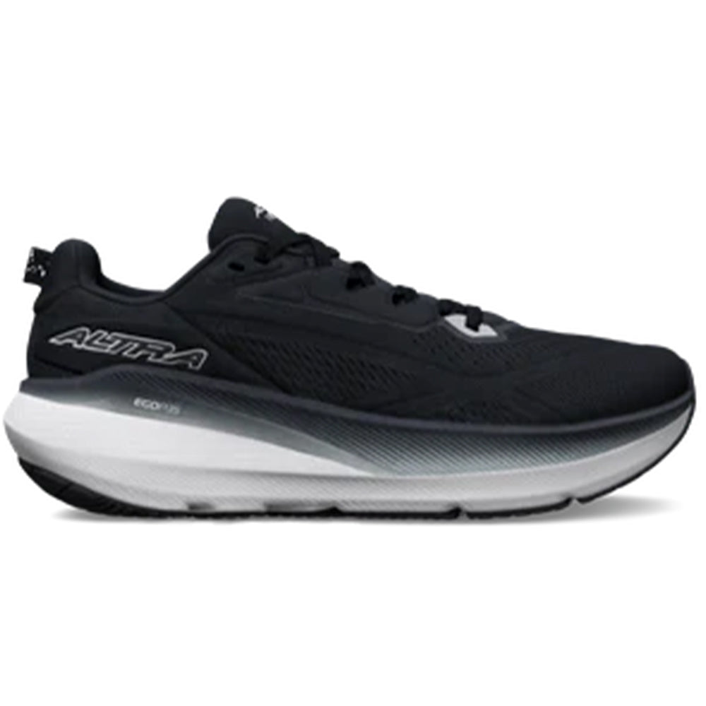Side view on white background of Mens Altra FWD Via running shoe in Black/White, Medium (Regular) width