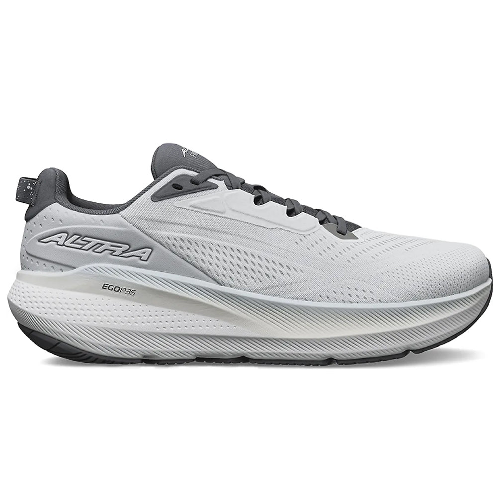 Side view on white background of Mens Altra FWD Via running shoe in Light Gray, Medium (Regular) width