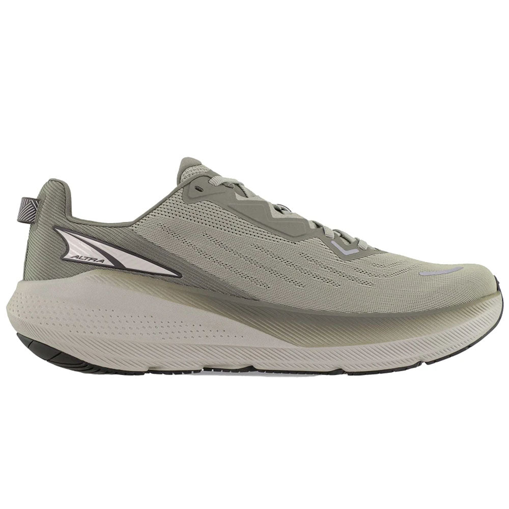 Side view on white background of Mens Altra FWD running shoe in Gray, Medium (Regular) width