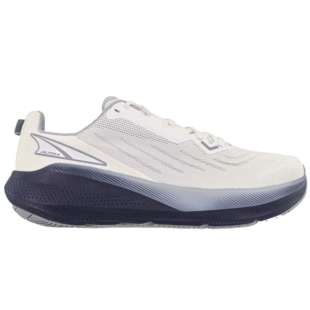Side view on white background of Mens Altra FWD running shoe in White/Navy, Medium (Regular) width