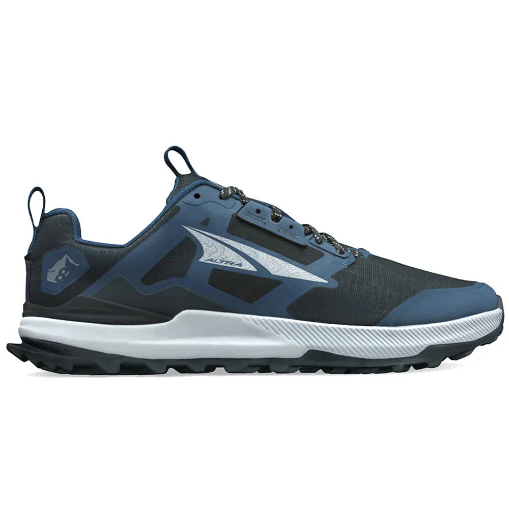 Side view on white background of Mens Altra Lone Peak running shoe in Navy/Black, Medium (Regular) width