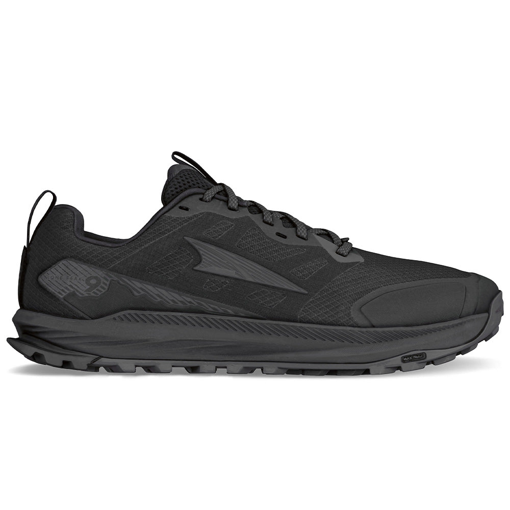 Side view on white background of Mens Altra Lone Peak running shoe in Black, Medium (Regular) width