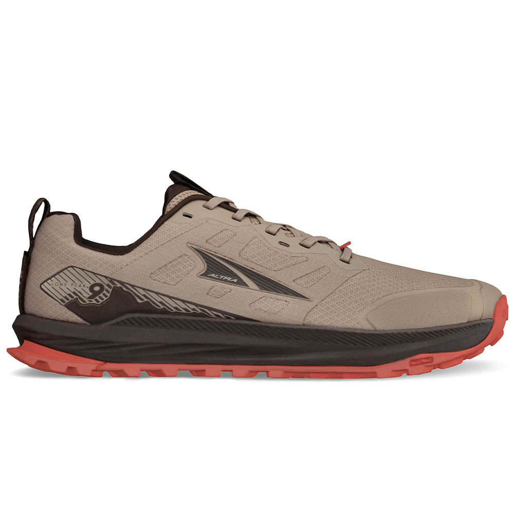 Side view on white background of Mens Altra Lone Peak running shoe in Brown, Medium (Regular) width