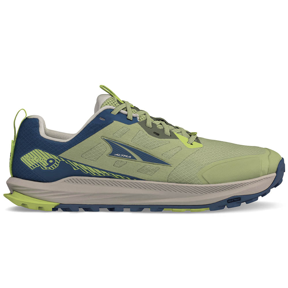 Side view on white background of Mens Altra Lone Peak running shoe in Dusty Olive, Medium (Regular) width