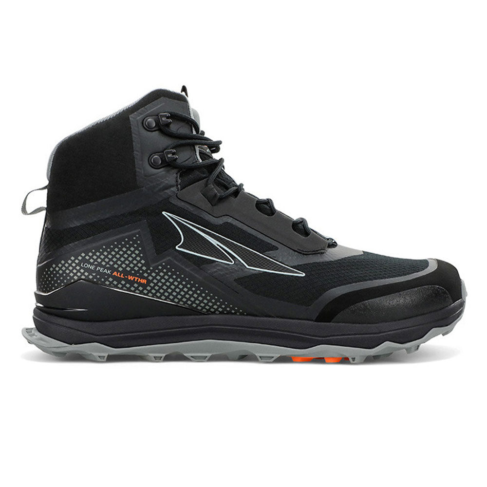 Side view on white background of Mens Altra Lone Peak running shoe in Black, Medium (Regular) width