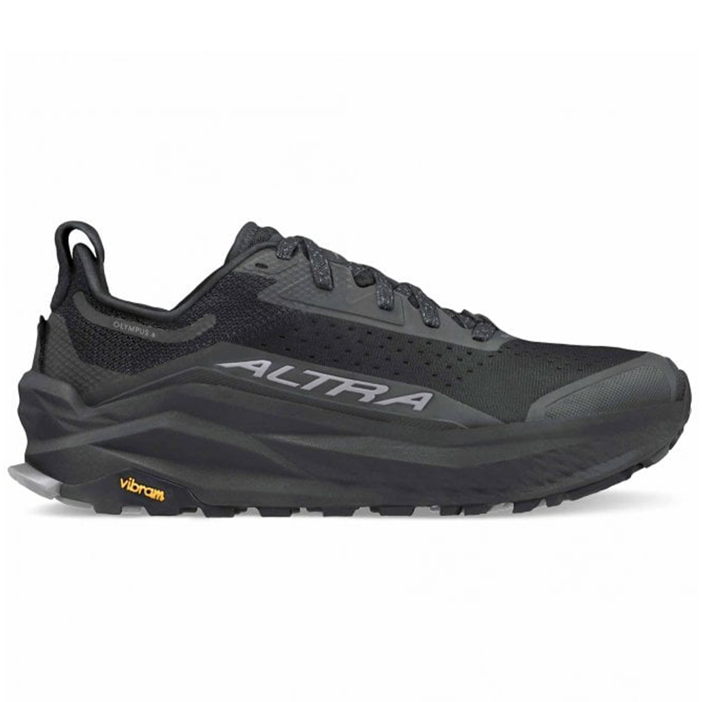 Side view on white background of Mens Altra Olympus running shoe in Black/Black, Medium (Regular) width