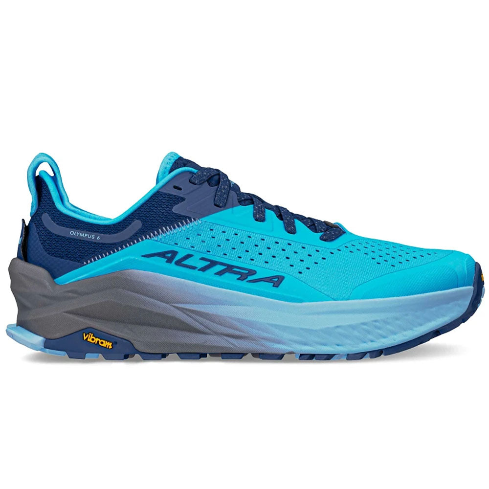 Side view on white background of Mens Altra Olympus running shoe in Blue, Medium (Regular) width