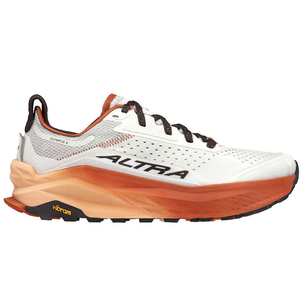Side view on white background of Mens Altra Olympus running shoe in Gray/Orange, Medium (Regular) width