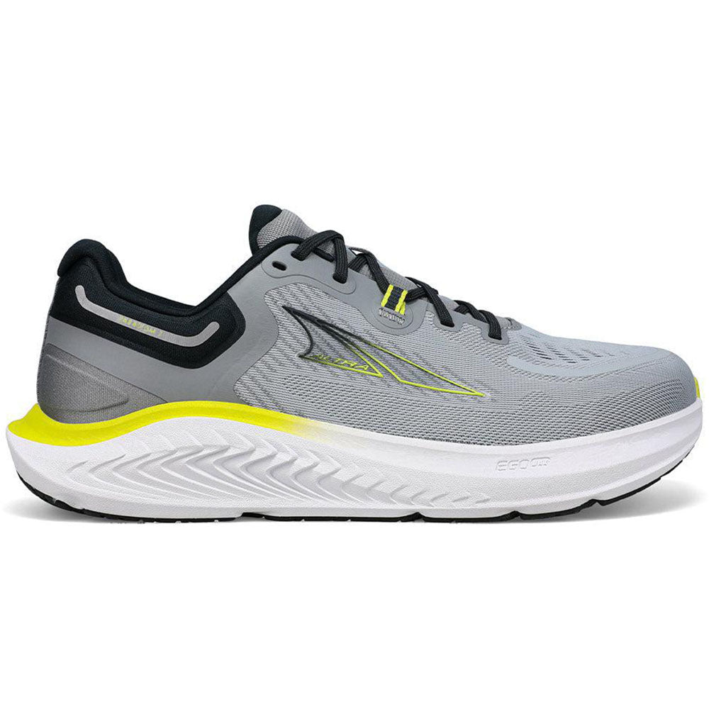 Side view on white background of Mens Altra Paradigm running shoe in Gray/Lime, Medium (Regular) width