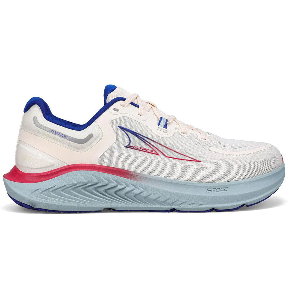 Side view on white background of Mens Altra Paradigm running shoe in White/Blue, Medium (Regular) width