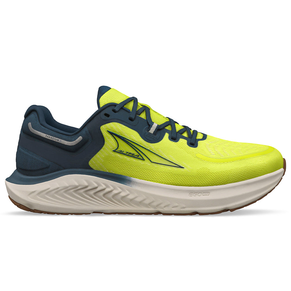 Side view on white background of Mens Altra Paradigm running shoe in Lime, Medium (Regular) width