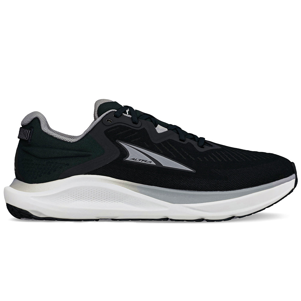 Side view on white background of Mens Altra Paradigm 8 running shoe in Black/White, Wide width
