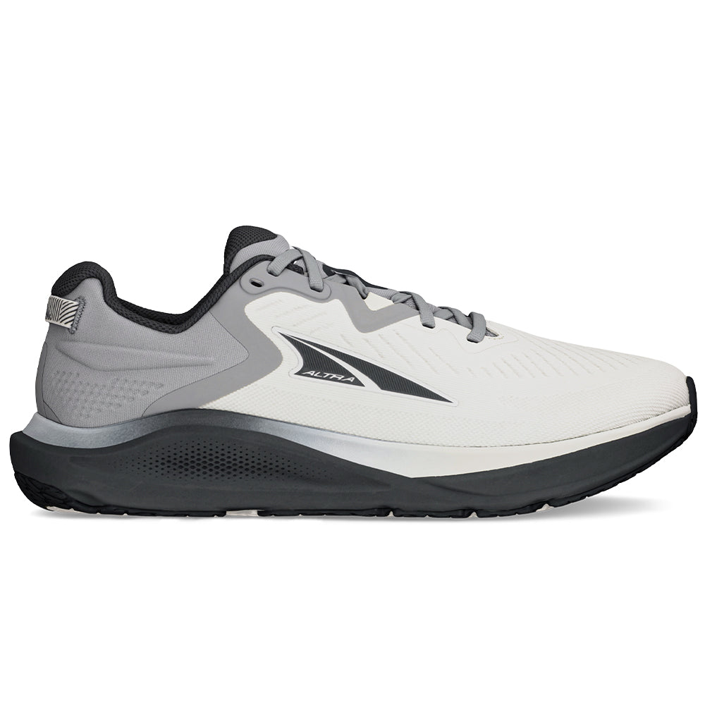 Side view on white background of Mens Altra Paradigm running shoe in Gray, Medium (Regular) width