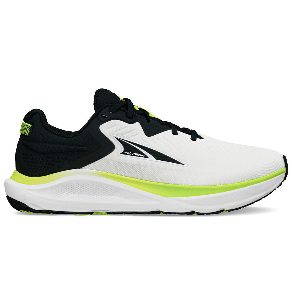 Side view on white background of Mens Altra Paradigm running shoe in White/Black, Medium (Regular) width
