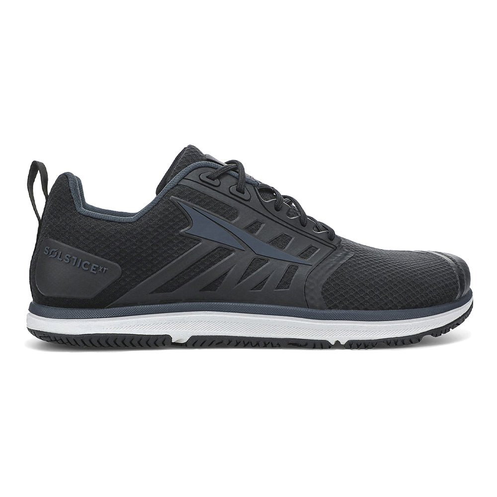 Side view on white background of Mens Altra Solstice running shoe in Black, Medium (Regular) width