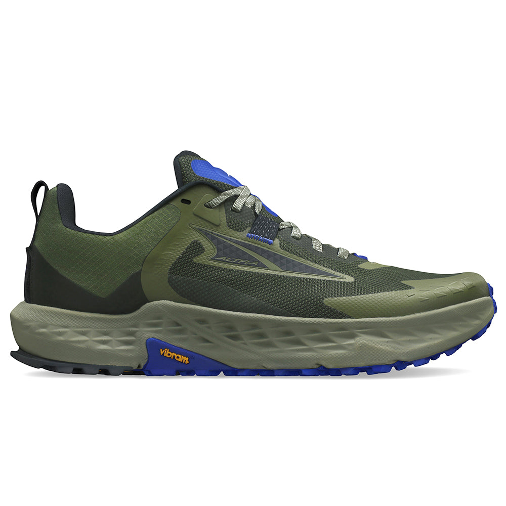 Side view on white background of Mens Altra Timp running shoe in Dusty Olive, Medium (Regular) width
