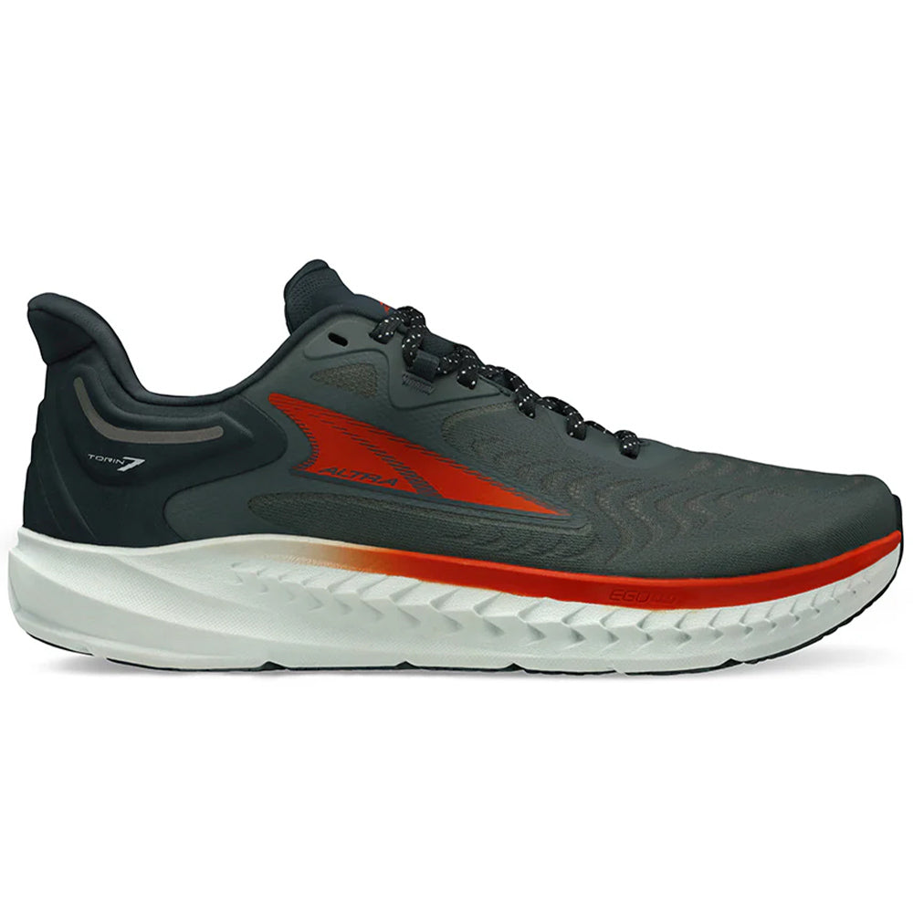 Side view on white background of Mens Altra Torin running shoe in Dark Gray, Medium (Regular) width