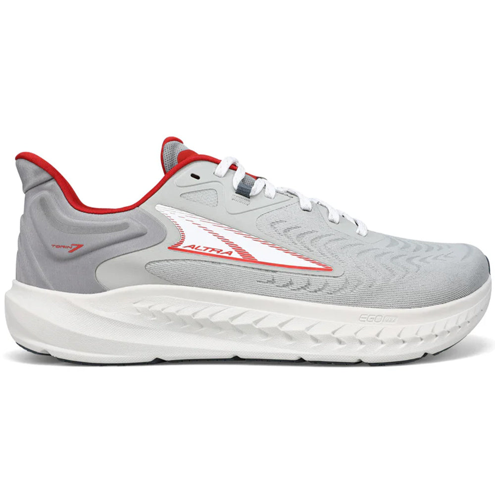 Side view on white background of Mens Altra Torin running shoe in Gray/Red, Wide width